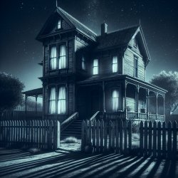 old boarded up house with picket fence (night time) Meme Template