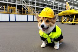 Dog in hard hat at airplane factory Meme Template
