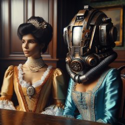 Victorian women at table wearing Helldivers helmet. Meme Template
