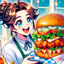 Anime girl named Rosie that eats a Chicken burger Meme Template