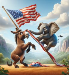 Donkey and elephant fighting over an American flag. Meme Template