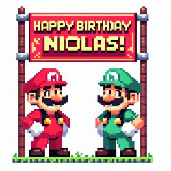 Super Mario Bros saying "Happy Birthday Nicolas!" Meme Template
