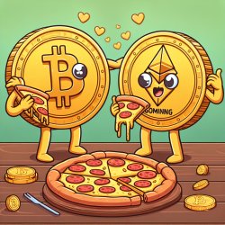 Bitcoin and Gomining token are eating a pizza Meme Template