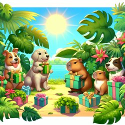 cute dogs and capybaras with gifts, sun and a lot of monsteras, Meme Template