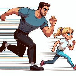Tall man running behind 10 year old girl with blonde hair and bl Meme Template