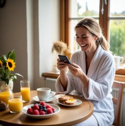 woman slimes at phone at breakfast Meme Template