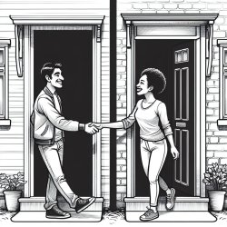 Neighbors opening house doors and greeting each other Meme Template