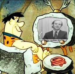 Fred Flintstones watches Sen Joe Biden on TV Meme Template