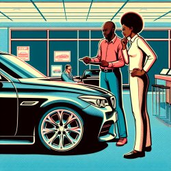 african man standing with his wife, buying a car at a car sale s Meme Template