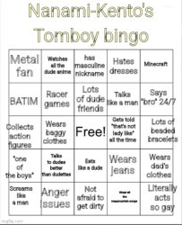 Nanami-Kento's Tomboy Bingo Meme Template