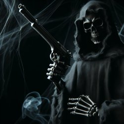 Grim reaper skeleton holding a gun, point at the screen Meme Template