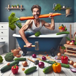 Man crazily doing bathroom renovations with vegetables in the ba Meme Template