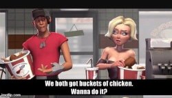 We both got buckets of chicken. wanna do it? Meme Template
