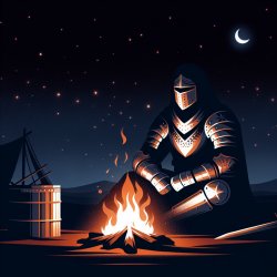 a knight siting next to campfire in night Meme Template