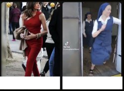 Melania in red walking, Nun in blue running opposite direction Meme Template