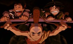 Toph and Sokka flying on Aang's glider Meme Template