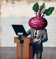 Politician with Vegetable Head Reads from Teleprompter Meme Template