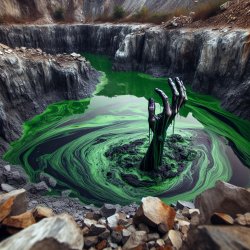 Dangerous quarry filled with toxic sludge with a hand sticking o Meme Template