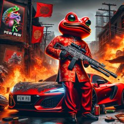 Red Pepe, red body, red head, chinese clothes, big maschine gun, Meme Template