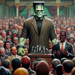 Frankenstein's monster gives a press conference as crowd screams Meme Template