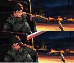 Enemy tries to reach his knife, but Soilder 11 stop him Meme Template
