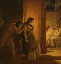 Aegisthus pushing Clytemnestra to kill Agamemnon Meme Template