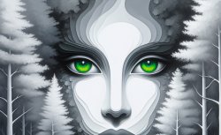 grey forest backround, large white face with green eyes Meme Template