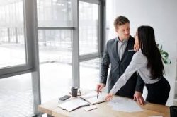 woman man talk office table Meme Template