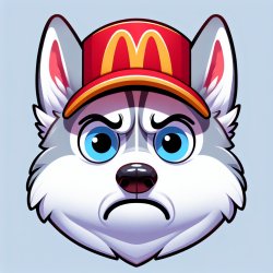 A disgusted husky wearing a McDonald's hat looking at the camrea Meme Template