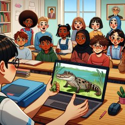 A boy shows a small crocodile to an international class in zoom Meme Template