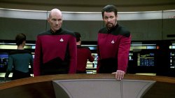 Riker and Picard at rear bridge console. Meme Template