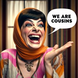 Funny female with funny face saying we are cousins Meme Template