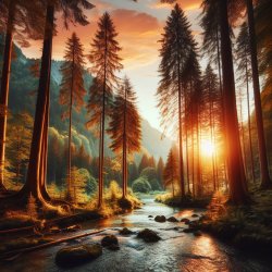 Uma bela floresta ao pôr do sol, com árvores altas e um rio cris Meme Template