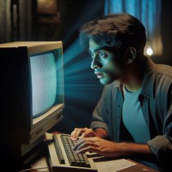 young man is sitting in front of an old computer and stunning in Meme Template