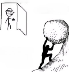 Man lifting rock outside room Meme Template