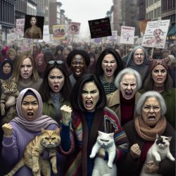 angry women march down a street carrying their scared cats Meme Template