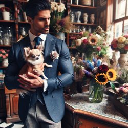 fancy dressed man holding Chihuahua in a flower shop Meme Template