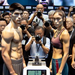 male and female boxer at weigh-in with media members Meme Template