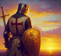 crusader in a serene sunset after a hard days work Meme Template