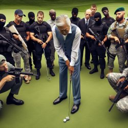 armed guards ring a putting green with an older man leaning over Meme Template