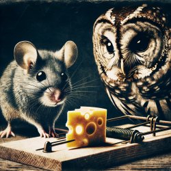 mouse considers cheese in mousetrap as owl looks on Meme Template