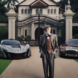 un viejo millonario en la puerta de su mansion con dos cochazos Meme Template