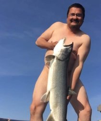 Nudist Fisherman with Fish Meme Template