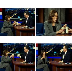 Kamala drinks beer on Stephen Colbert show Meme Template