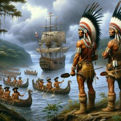 American Indian braves watch a landing party from a Spanish gall Meme Template