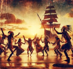 American Indian tribe dancing on seashore with Spanish galleon Meme Template