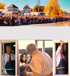 Trump serves Kamala and Walz at McDonald's drive thru Meme Template