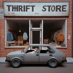 kid sitting in a car by a thrift store Meme Template