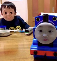 Cursed kid and thomas the train swap face Meme Template