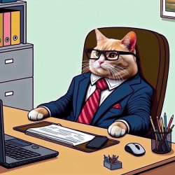 A funny cat wearing business suit sitting at office desk, meme s Meme Template